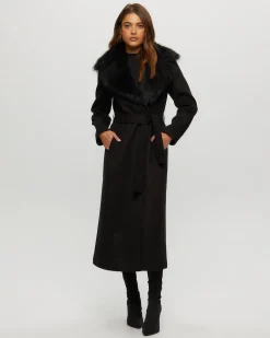 Fabric Coat With Toscana Shearling Lamb Collar, Belt