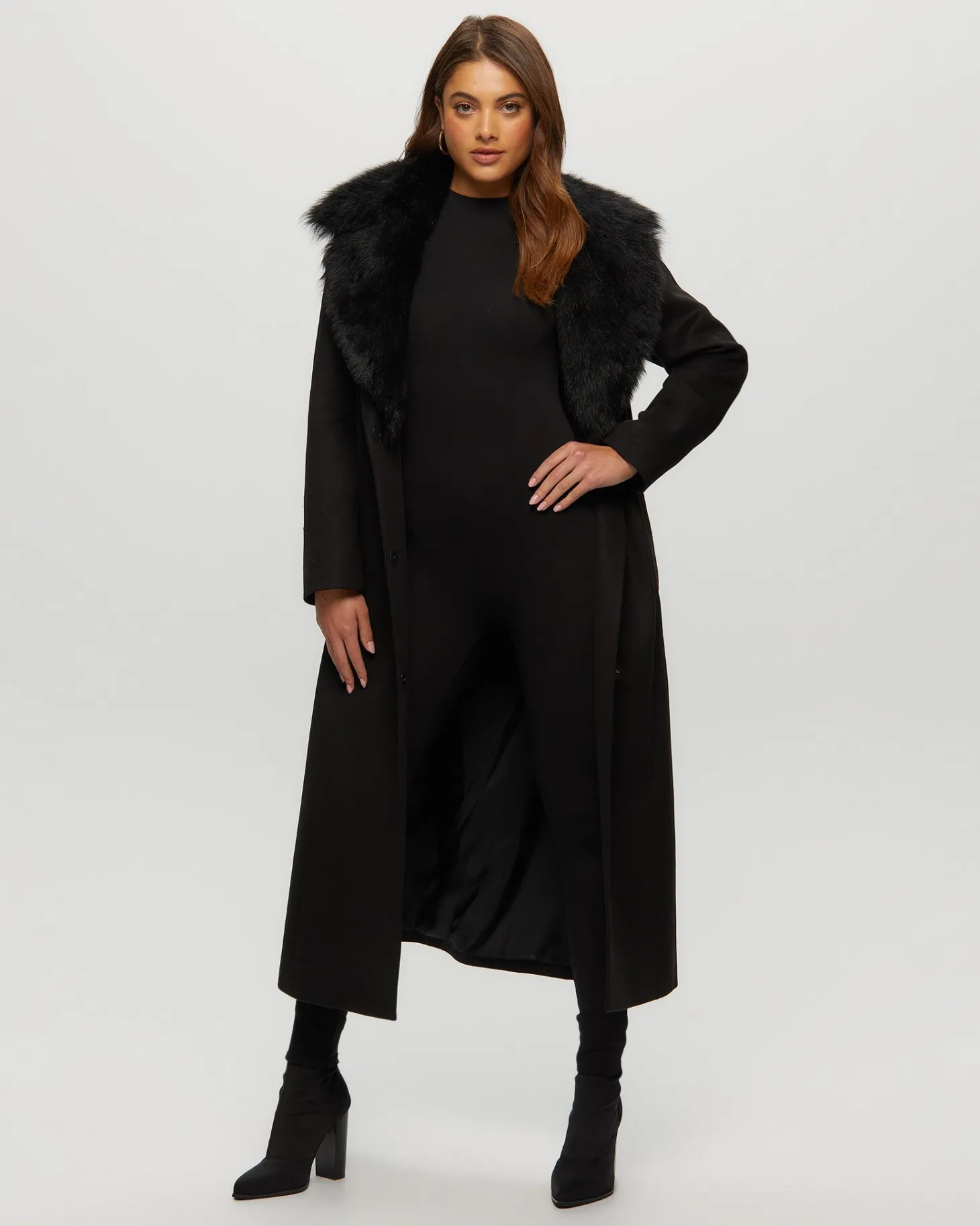 Fabric Coat With Toscana Shearling Lamb Collar, Belt