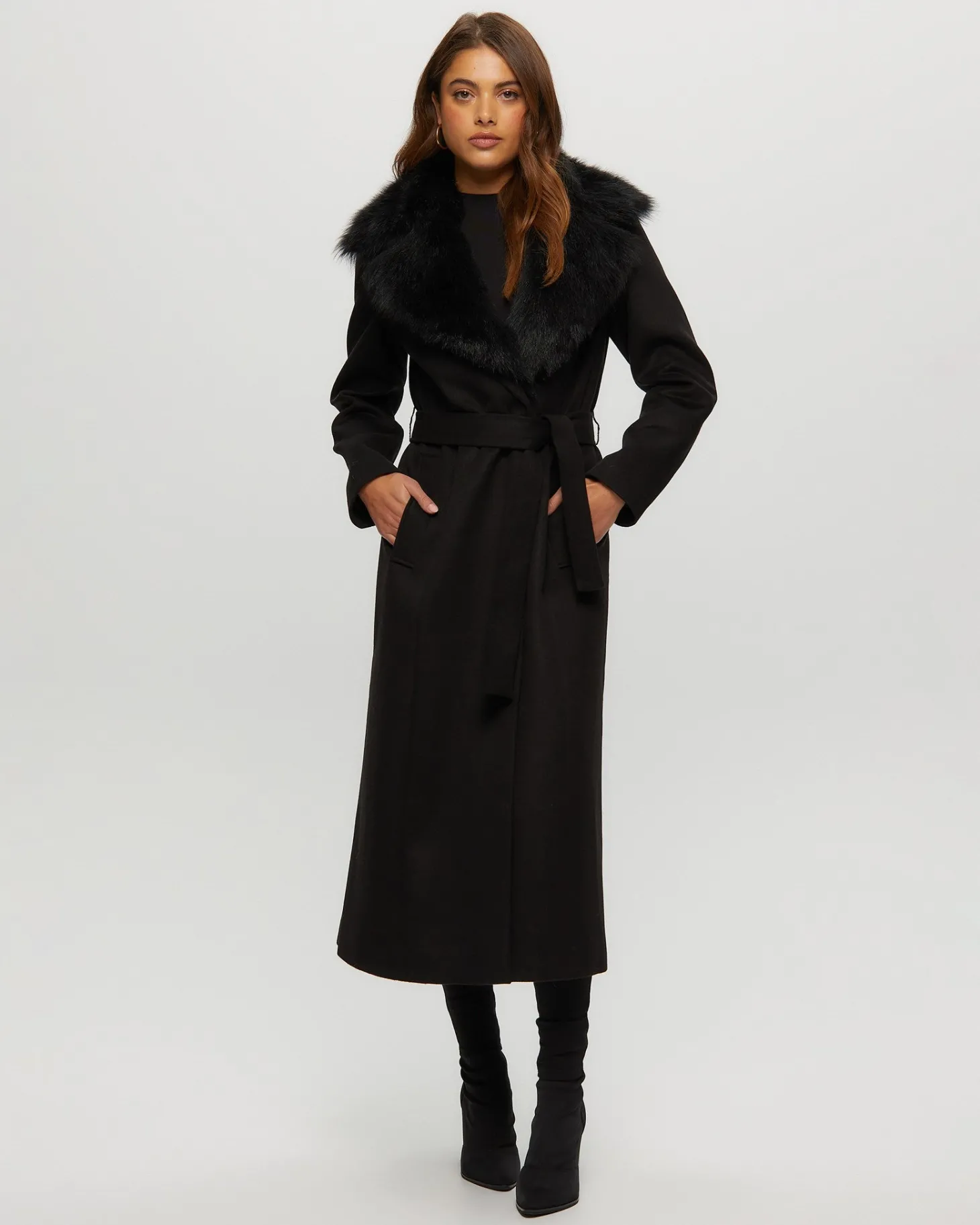 Fabric Coat With Toscana Shearling Lamb Collar, Belt