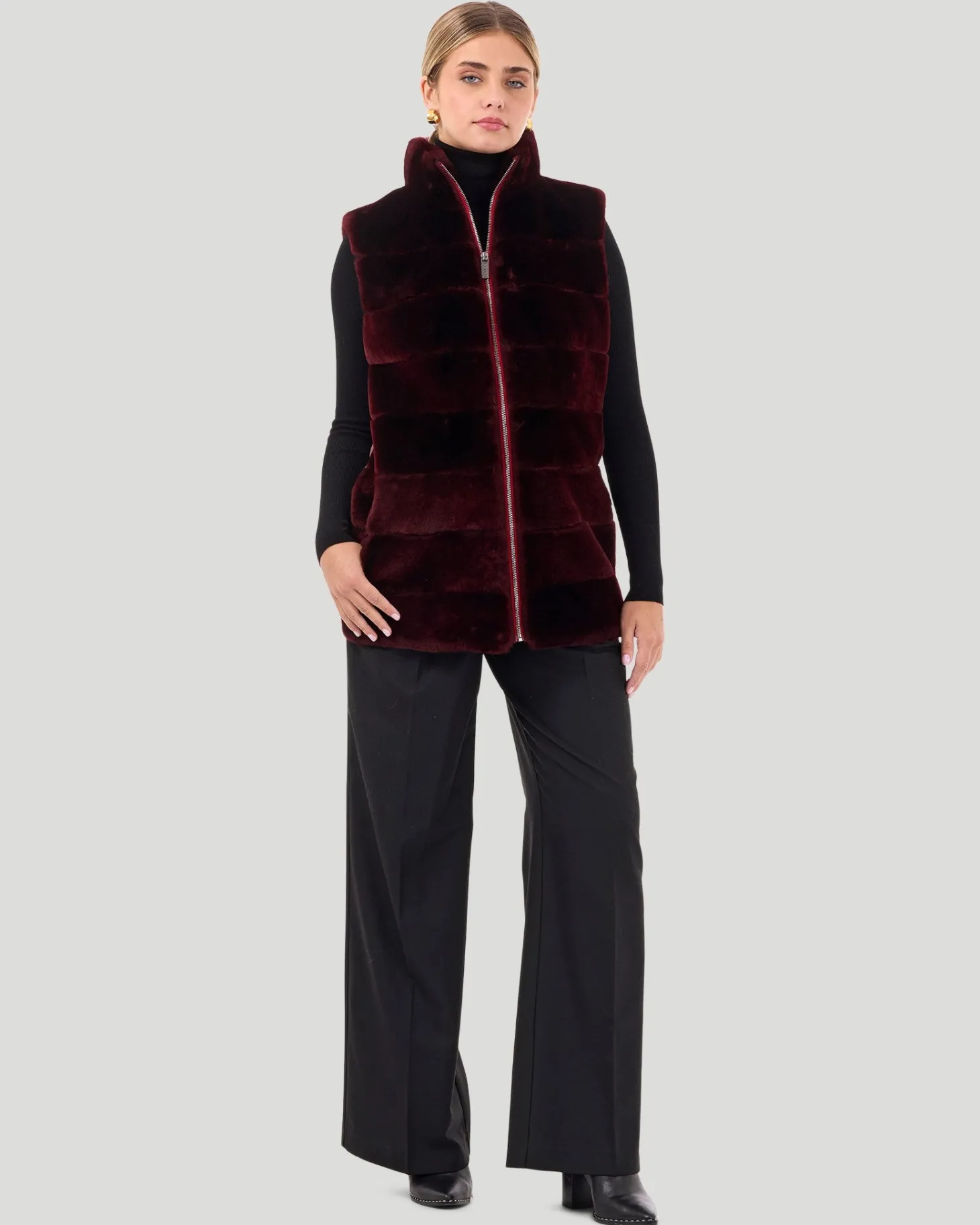 Horizontal Select Shearling Lamb Zip Vest With Quilted Back