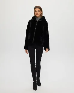 Horizontal Select Shearling Lamb Zip Jacket With Hood