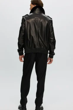 Men's Leather Jacket With Detachable Shearling Lamb Collar