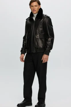 Men's Leather Jacket With Detachable Shearling Lamb Collar