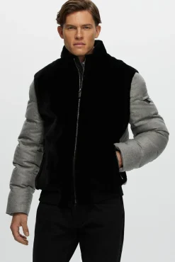 Men's Merino Shearling Lamb Bomber Jacket With Loro Piana Cashmere & Wool Quilted Down Sleeves And Back