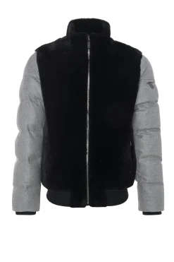 Men's Merino Shearling Lamb Bomber Jacket With Loro Piana Cashmere & Wool Quilted Down Sleeves And Back