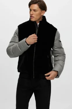 Men's Merino Shearling Lamb Bomber Jacket With Loro Piana Cashmere & Wool Quilted Down Sleeves And Back