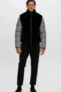 Men's Merino Shearling Lamb Bomber Jacket With Loro Piana Cashmere & Wool Quilted Down Sleeves And Back