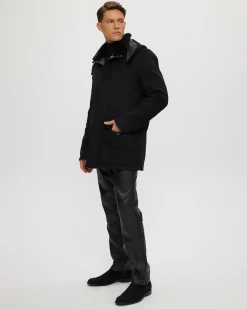 Men's Wool Parka With Detachable Hood And Shearling Lamb Collar