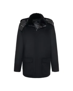 Men's Wool Parka With Detachable Hood And Shearling Lamb Collar