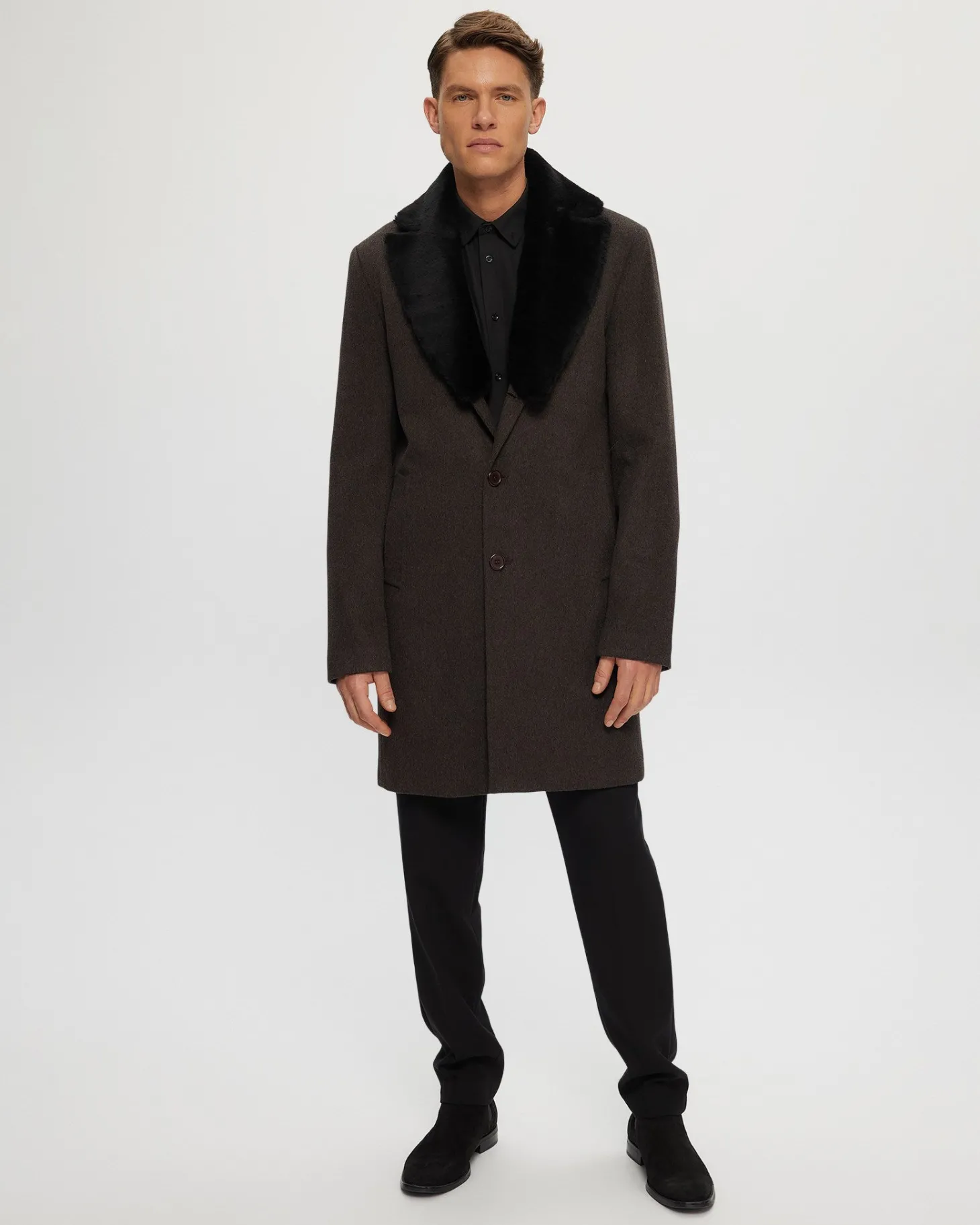 Men's Wool Short Coat With Detachable Merino Shearling Lamb Collar