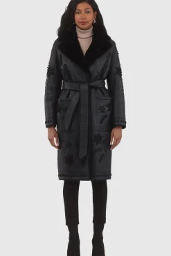 Merino Shearling Lamb Short Coat With Embroidery, Belt