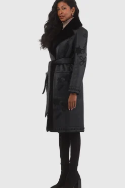 Merino Shearling Lamb Short Coat With Embroidery, Belt