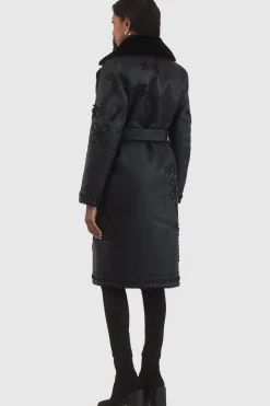 Merino Shearling Lamb Short Coat With Embroidery, Belt