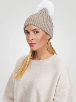 Metallic Wool Blend Knit Hat With Toscana Shearling Lamb Pompom
