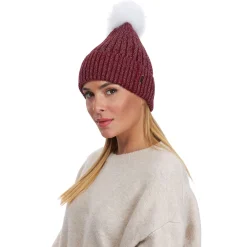 Metallic Wool Blend Knit Hat With Toscana Shearling Lamb Pompom