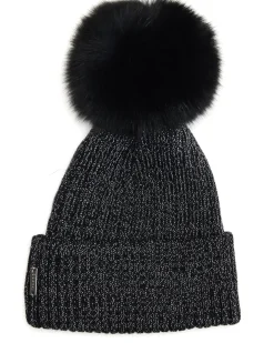 Metallic Wool Blend Knit Hat With Toscana Shearling Lamb Pompom