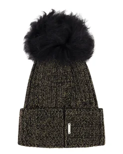 Metallic Wool Blend Knit Hat With Toscana Shearling Lamb Pompom
