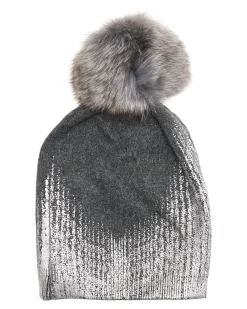 Metallic Wool Blend Knit Hat With Toscana Shearling Lamb Pompom