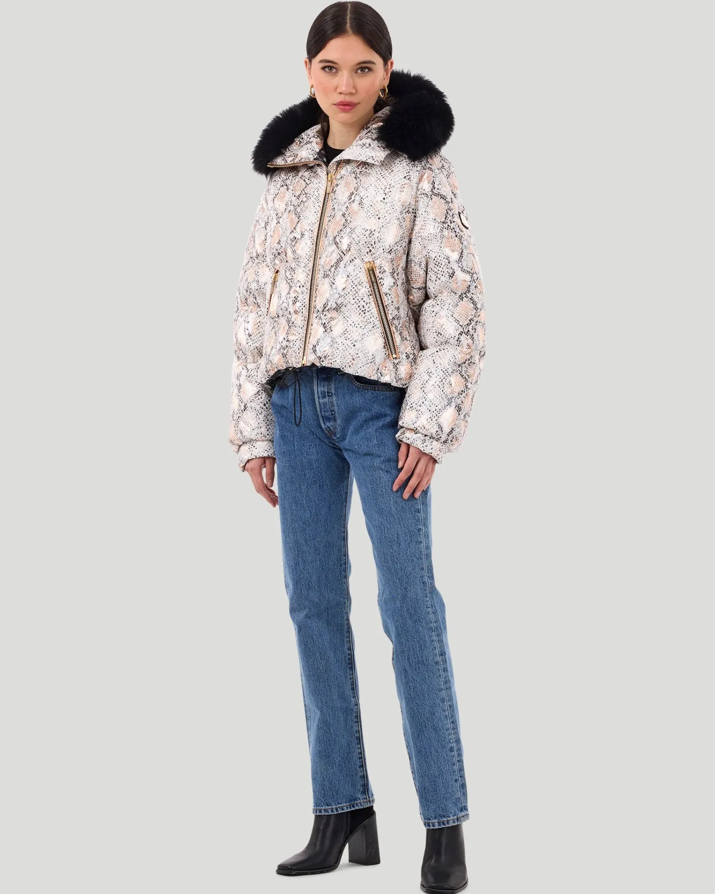 Printed Après-Ski Jacket With Detachable Toscana Shearling Lamb Hood Trim