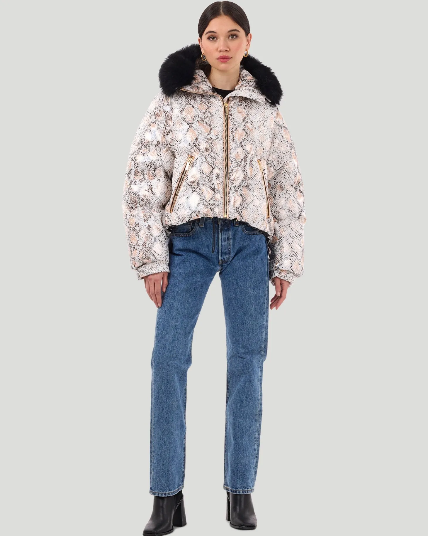 Printed Après-Ski Jacket With Detachable Toscana Shearling Lamb Hood Trim