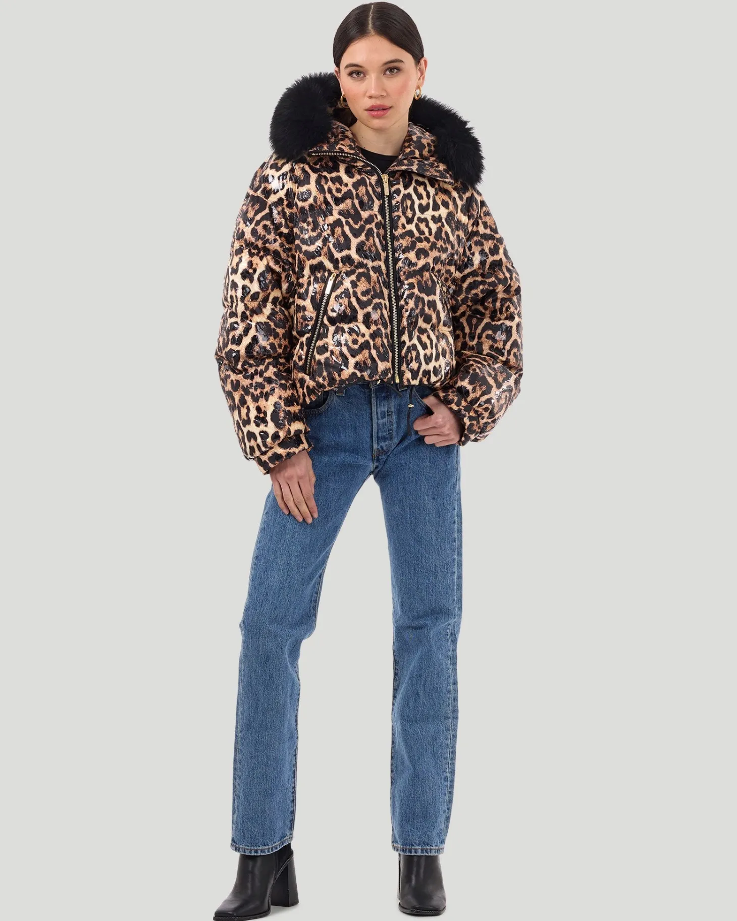 Printed Après-Ski Jacket With Detachable Toscana Shearling Lamb Hood Trim