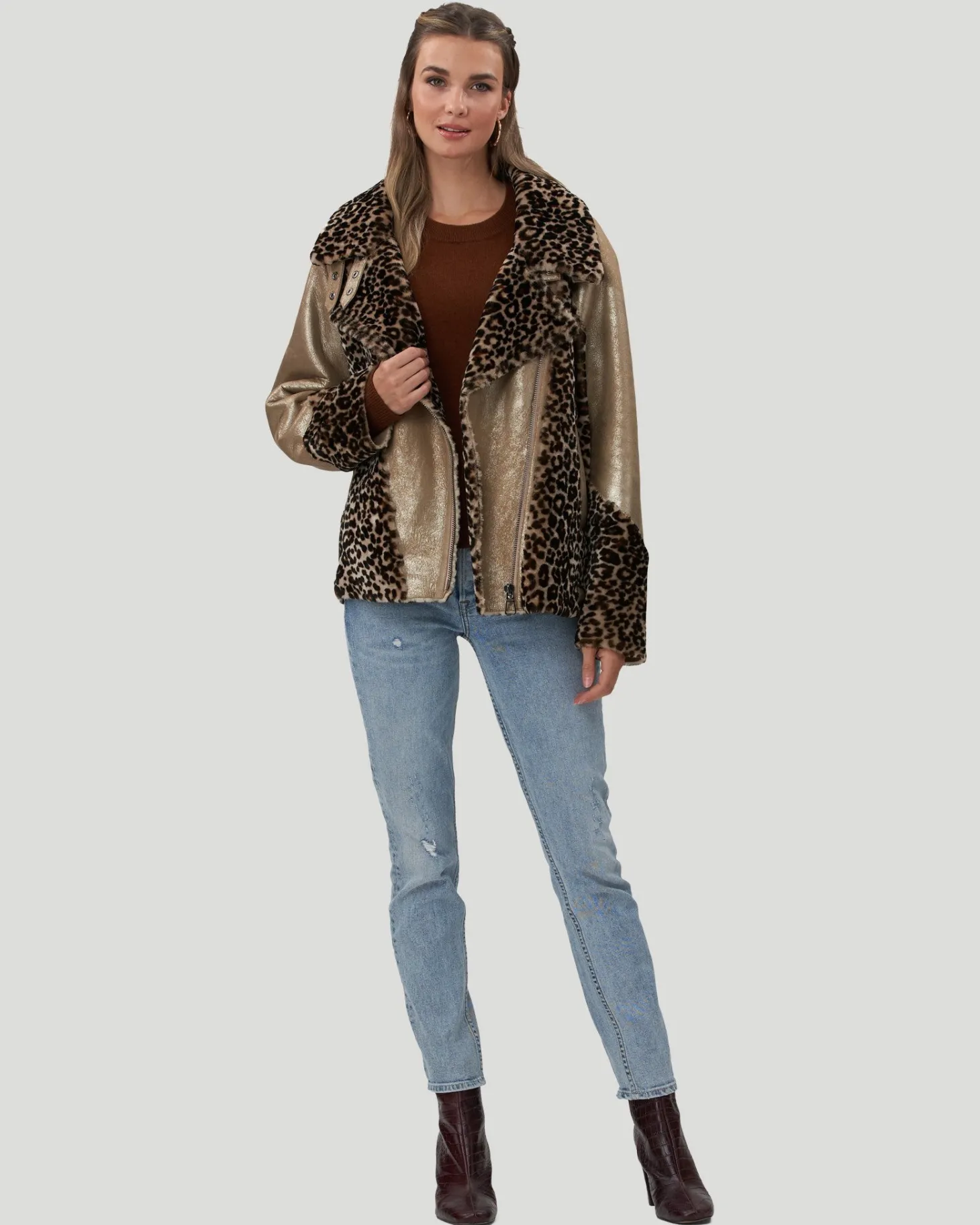 Printed Select Shearling Lamb Zip Moto Jacket