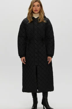 Quilted Fabric Zip Coat With Hood