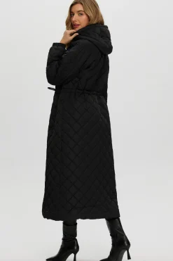 Quilted Fabric Zip Coat With Hood