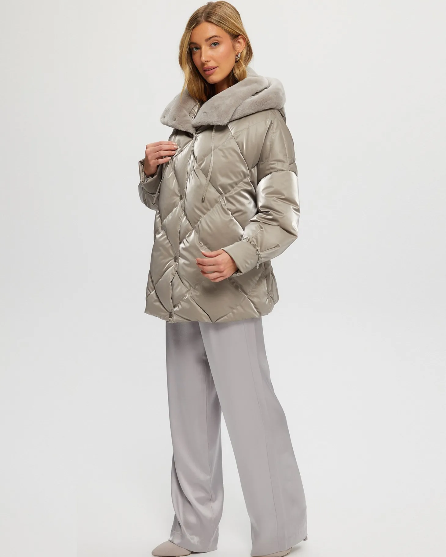 QUILTED PARKA WITH SHEARLING LAMB COLLAR & HOOD TRIM