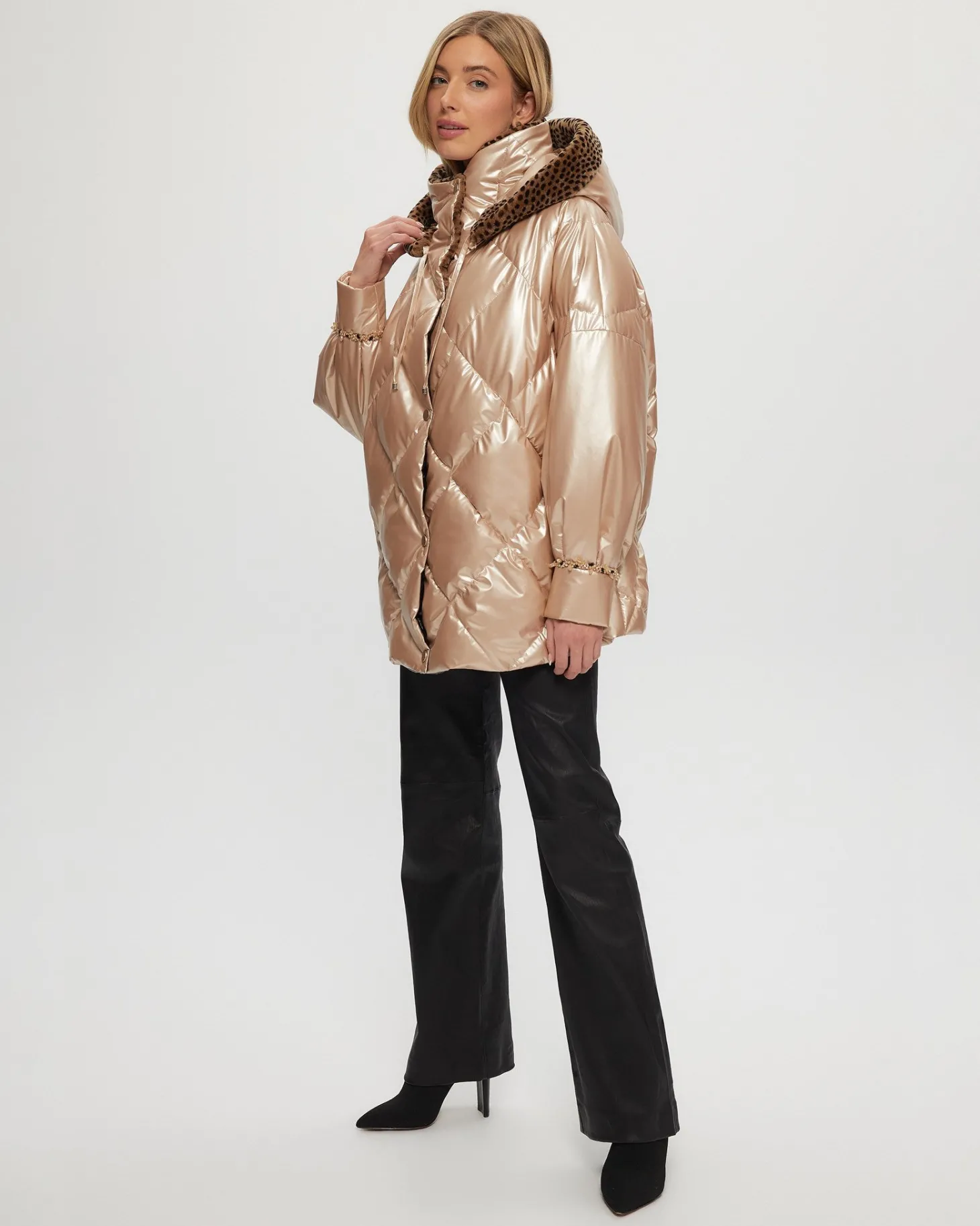 QUILTED PARKA WITH SHEARLING LAMB COLLAR & HOOD TRIM