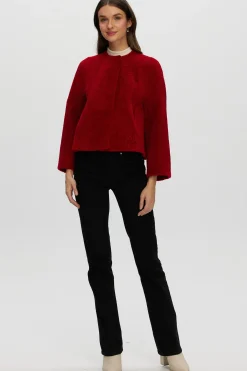 Reversible Collarless New Zealand Shearling Lamb Jacket With 3/4 Sleeves