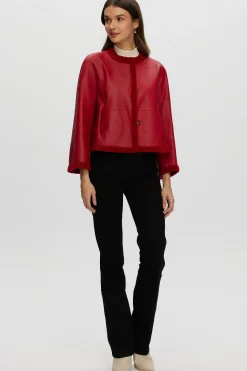 Reversible Collarless New Zealand Shearling Lamb Jacket With 3/4 Sleeves