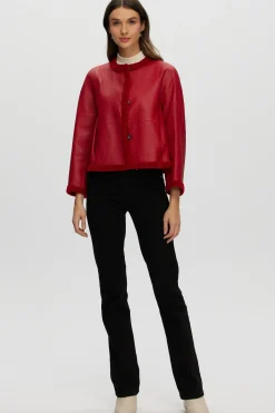 Reversible Collarless New Zealand Shearling Lamb Jacket With 3/4 Sleeves