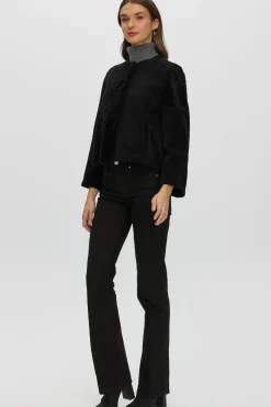 Reversible Collarless New Zealand Shearling Lamb Jacket With 3/4 Sleeves