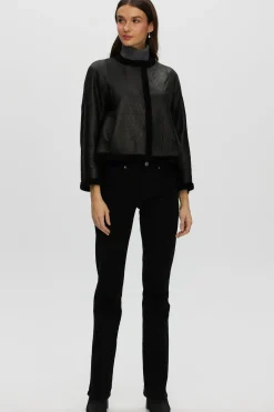 Reversible Collarless New Zealand Shearling Lamb Jacket With 3/4 Sleeves