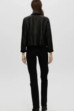 Reversible Collarless New Zealand Shearling Lamb Jacket With 3/4 Sleeves