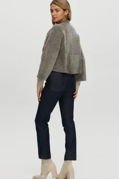 Reversible Collarless New Zealand Shearling Lamb Jacket With 3/4 Sleeves