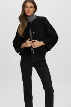 Reversible Collarless New Zealand Shearling Lamb Jacket With 3/4 Sleeves