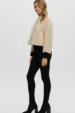 Reversible Collarless New Zealand Shearling Lamb Jacket With 3/4 Sleeves