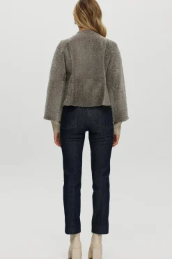 Reversible Collarless New Zealand Shearling Lamb Jacket With 3/4 Sleeves