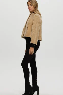 Reversible Collarless New Zealand Shearling Lamb Jacket With 3/4 Sleeves