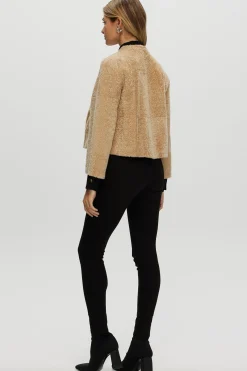 Reversible Collarless New Zealand Shearling Lamb Jacket With 3/4 Sleeves