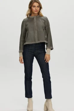 Reversible Collarless New Zealand Shearling Lamb Jacket With 3/4 Sleeves