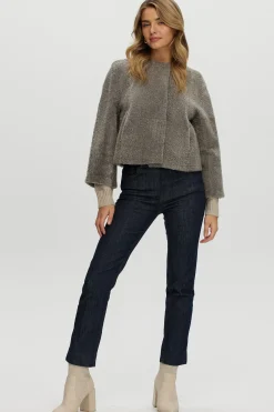 Reversible Collarless New Zealand Shearling Lamb Jacket With 3/4 Sleeves