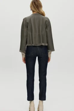 Reversible Collarless New Zealand Shearling Lamb Jacket With 3/4 Sleeves