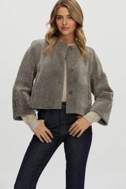 Reversible Collarless New Zealand Shearling Lamb Jacket With 3/4 Sleeves