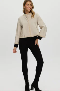 Reversible Collarless New Zealand Shearling Lamb Jacket With 3/4 Sleeves