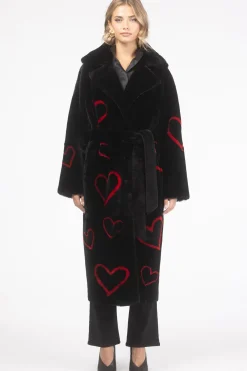 Reversible Shearling Lamb Coat With Heart Intarsia, Belt
