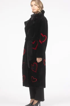 Reversible Shearling Lamb Coat With Heart Intarsia, Belt