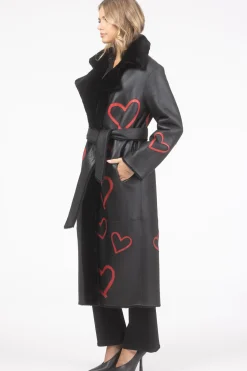 Reversible Shearling Lamb Coat With Heart Intarsia, Belt